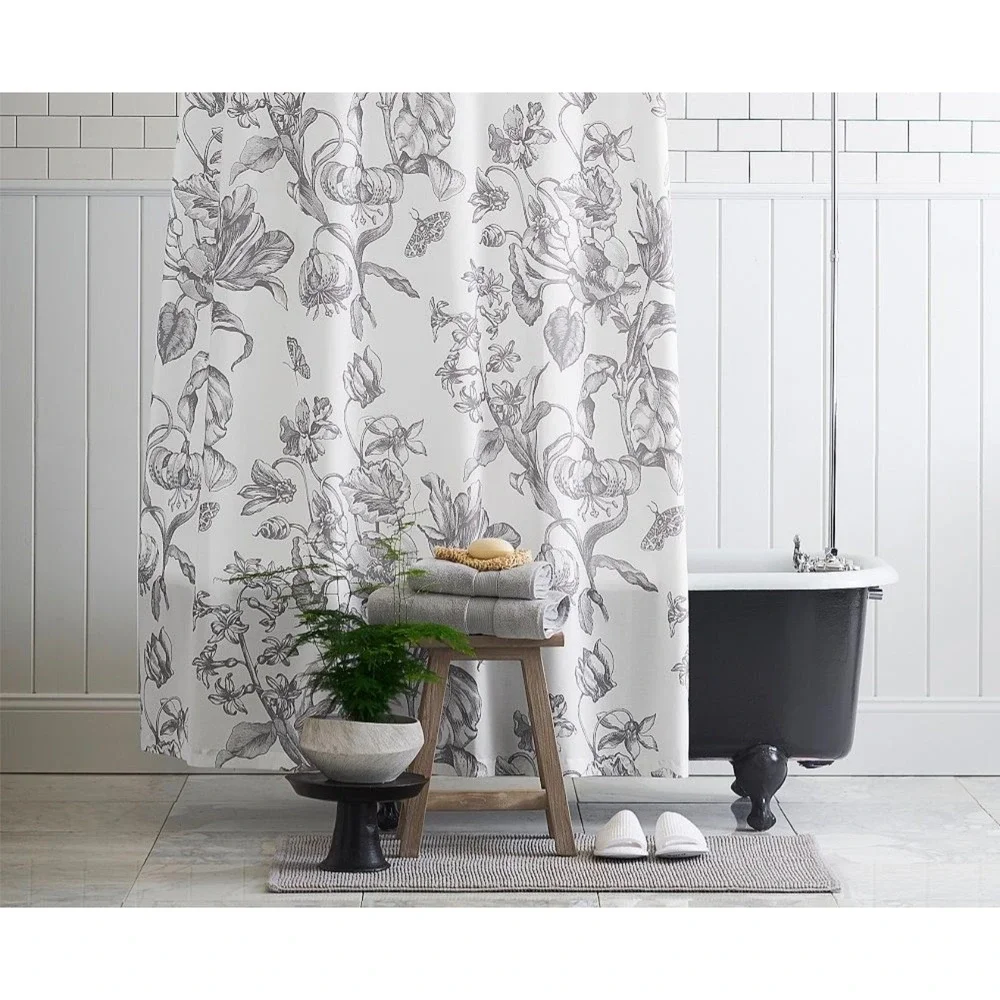 Pottery Barn Grey White Floral Botanical Butterfly Shower Curtain 72x72 NEW